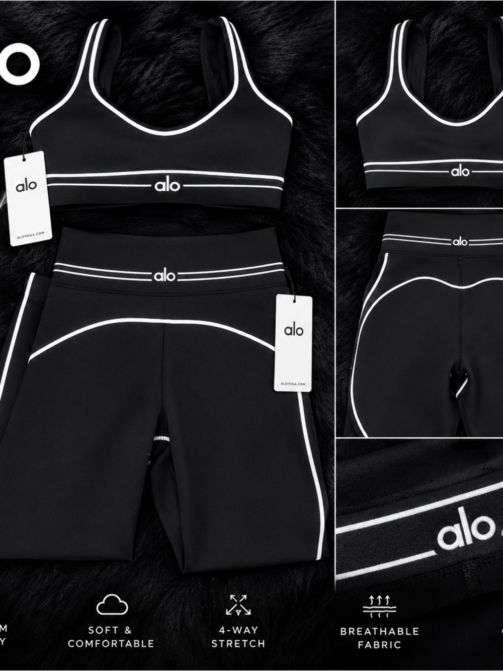 ALO Yoga Kids Black Leggings with White Piping